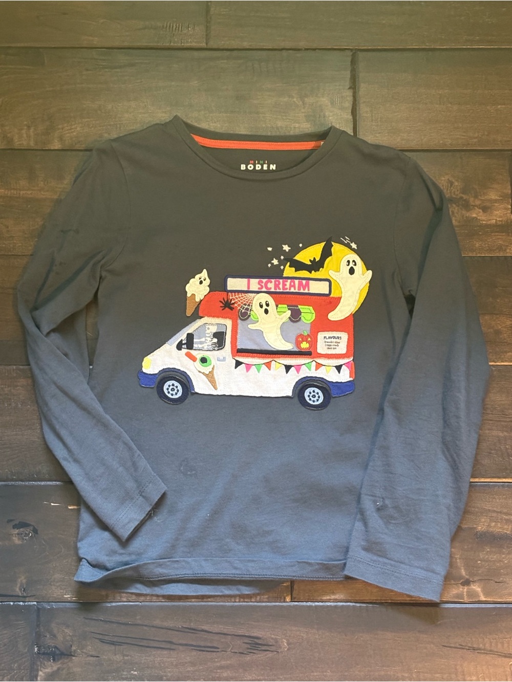 Boden Gray Long-Sleeve Tee with Ghost Ice Cream Truck Graphic